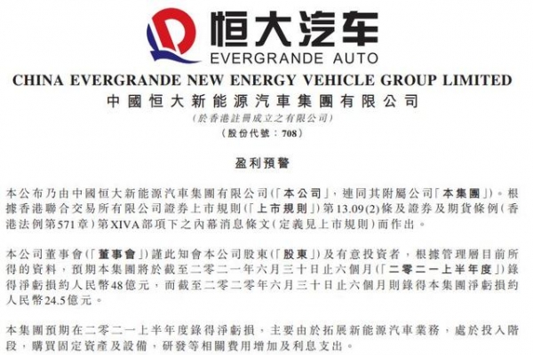 恒大汽车深夜预警：上半年净亏损扩大至约48亿元，较去年同期翻倍 ...