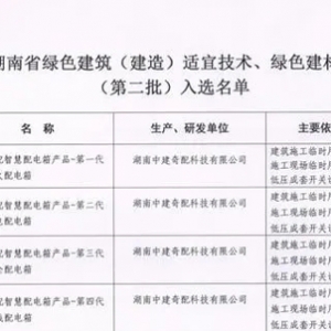 “中建奇配”智慧配电箱系列产品入选2023年度《湖南省绿色建筑(建造)适宜技术、绿色建材产品目录库》